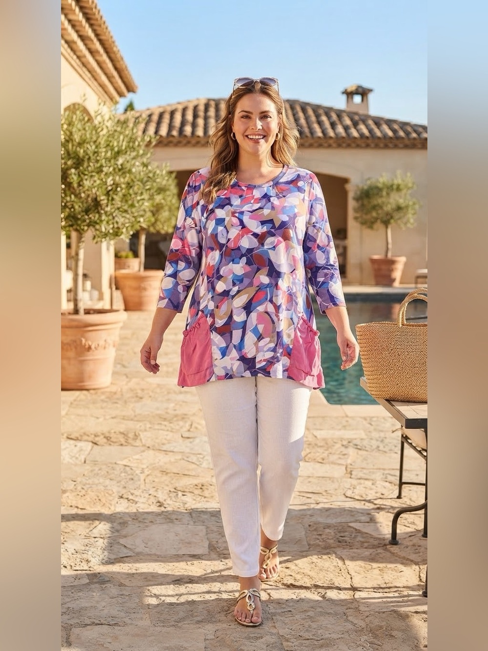 LOGO® by Lori Goldstein Women's Abstract Tunic Pockets Rayon Spandex Size 1X NEW